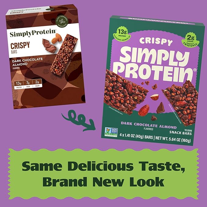 Simply Protein - Dark Chocolate Almond Crispy Bars - Plant Based Protein Bars - Low Carb, Low Sugar, High Fiber - 13g Protein, 2g Sugar, 7g Fiber - Vegan, Gluten Free, Non GMO, Kosher - 8 Bars