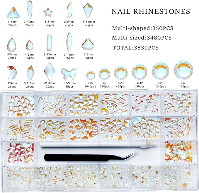 Nibiru 3830Pcs Aurora Multi Shapes Rhinestones Glass Diamonds Kit for Nail Art Jewels Decoration,Shiny Flatback Mix Size with Wax Pen