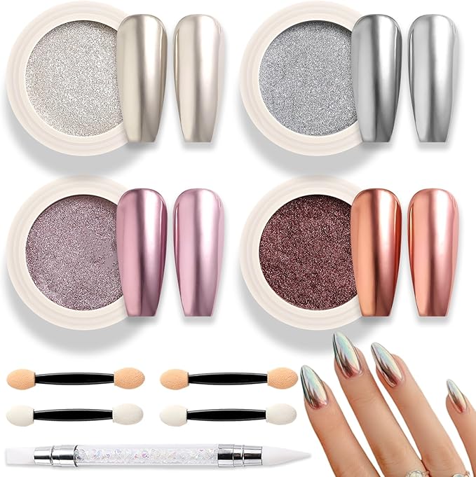 4 Color Chrome Nail Powder Set Holographic Metallic Mirror Effect Nail Chrome Glitter Holographic Iridescent Glazed Donut Nail Dust Manicure Pigment for DIY Nail Art Design