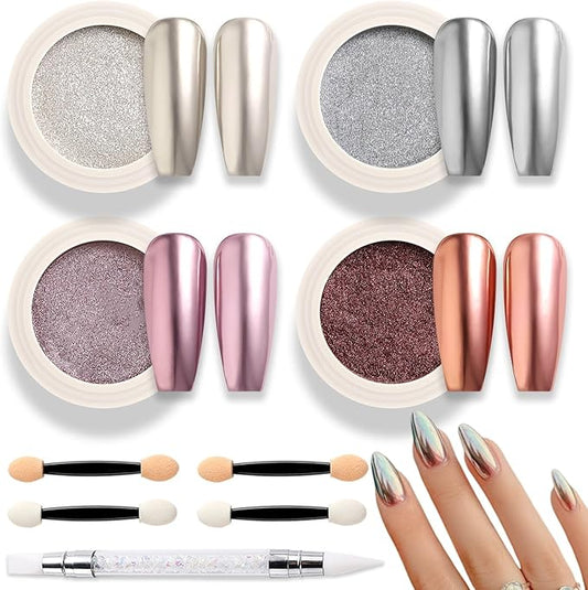 4 Color Chrome Nail Powder Set Holographic Metallic Mirror Effect Nail Chrome Glitter Holographic Iridescent Glazed Donut Nail Dust Manicure Pigment for DIY Nail Art Design