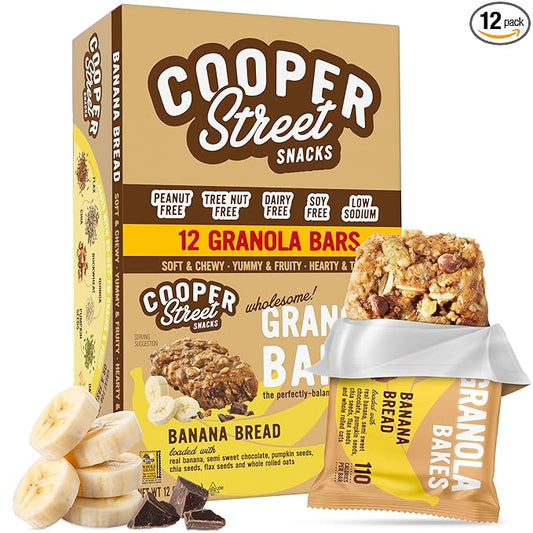 Cooper Street Banana Bread Granola Bakes (12 pack) - Individually Wrapped Soft and Chewy Breakfast Granola Bars - Nut, Dairy & Soy Free - Great As Kids Snacks For School, Hiking Or Work