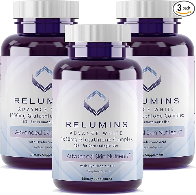 Relumins 1650mg L-Glutathione Complex with Hyaluronic Acid, Alpha Lipoic Acid, Rose HIPS, Vitamin E & Riboflavin, Antioxidant Support, Skin Hydration & Wellness, Made in USA – 90 Capsules x 3 Bottles