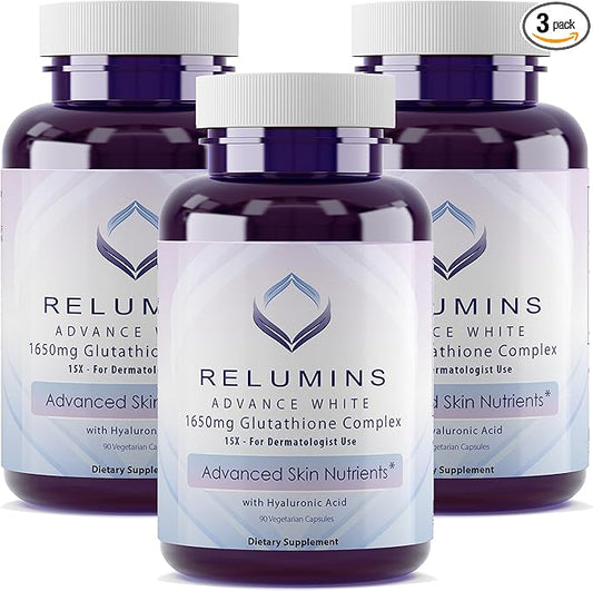 Relumins 1650mg L-Glutathione Complex with Hyaluronic Acid, Alpha Lipoic Acid, Rose HIPS, Vitamin E & Riboflavin, Antioxidant Support, Skin Hydration & Wellness, Made in USA – 90 Capsules x 3 Bottles
