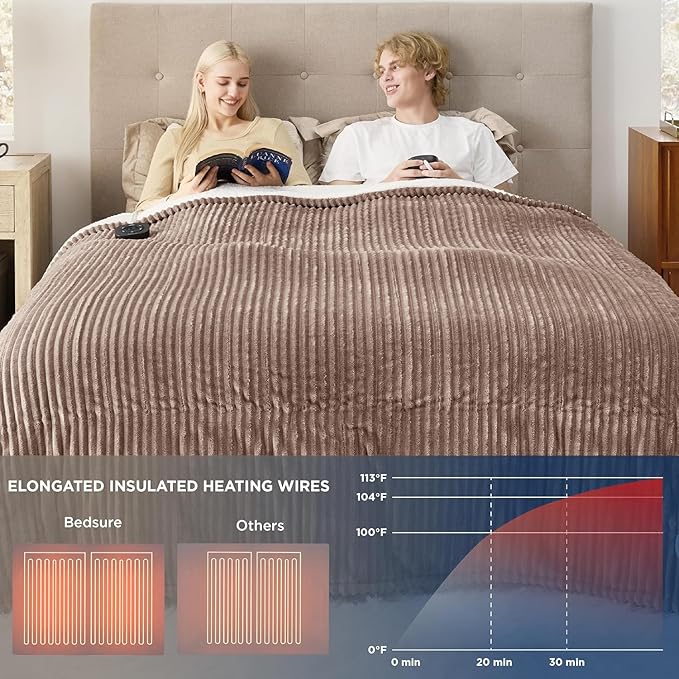 Bedsure GentleSoft Electric Blanket King Size - Soft Ribbed Flannel Heated Blanket with Dual Control, Heating with 10 Heat Settings & 10 Time Settings, 8 hrs Timer Auto Shut Off (90x100 inches, Brown)