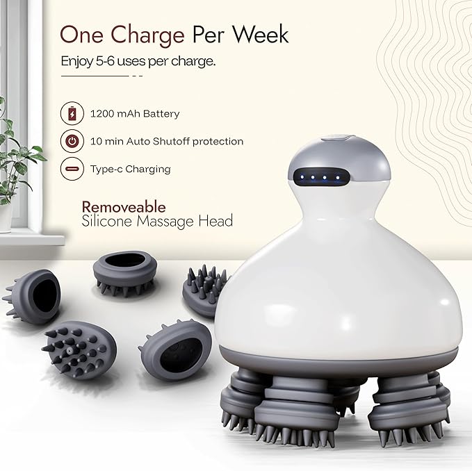 Electric Scalp Massager Hair Care w/ 4 Massage Modes & Oil Compartment - Head Massager Scalp Comfort - Removable Silicone Heads, Rechargeable, Soothing Sensation - Portable Cordless Scalp Massager