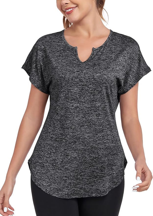 Women's Short Sleeve Workout Shirts V Neck Exercise Yoga Basic Top Quick Dry Side Split