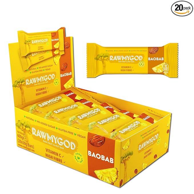 RAWMYGOD Fruit and Nut Bars, Gluten Free, Vegan, No Added Sugar (20 bars, Baobab)