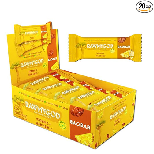 RAWMYGOD Fruit and Nut Bars, Gluten Free, Vegan, No Added Sugar (20 bars, Baobab)