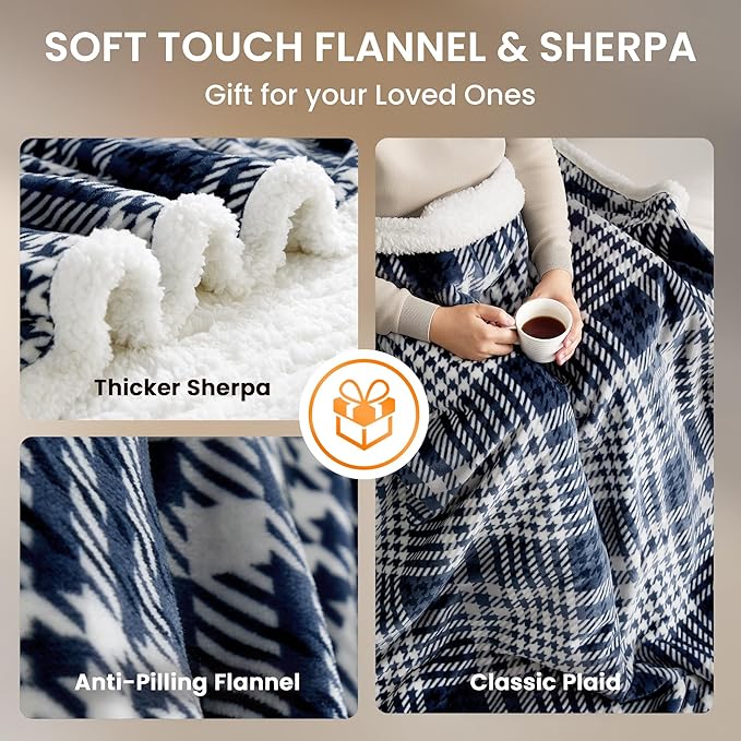 Heated Blanket Electric Throw-50''x60''Ultra Soft Cozy Plaid Flannel Fast Heating Electric Blanket with 10 Heat Levels & 10 Hours Auto Off, ETL Certified, Keep Warm in Couch Bed Office(Navy)
