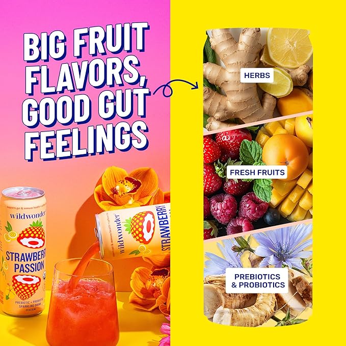 wildwonder Sparkling Probiotic Drink 12pk, For Gut Health & Immune Support, Tropical Vibes Variety, 5g Prebiotic Fiber, Live Probiotics, Organic, Vegan, Low Sugar, 12Pack, 12oz Can, Seen on Shark Tank