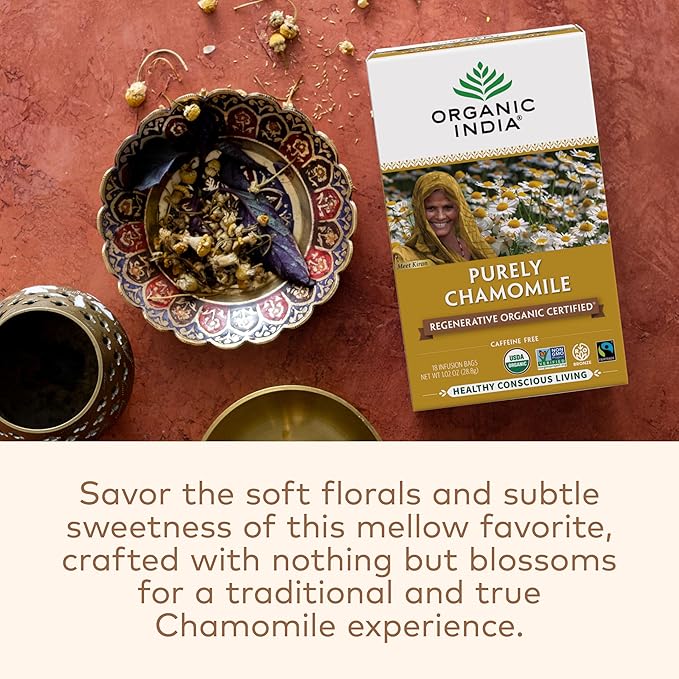 Organic India Purely Chamomile Tea- Regenerative Organic Chamomile Flowers, Caffeine Free, Calming & Relaxing Herbal Tea, Natural Support for Sleep & Relaxation- 18 Tea Bags, Pack of 6