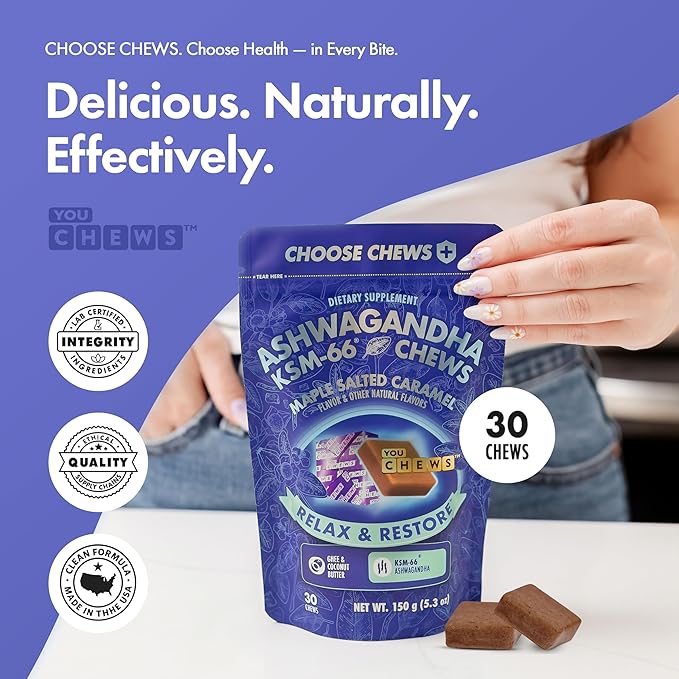 Ashwagandha KSM-66 Chews for Stress Relief & Mood Support, Organic Ashwagandha Gummies KSM 66 Alternative, Mood Support, Maple Salted Caramel Flavor, 30 Count