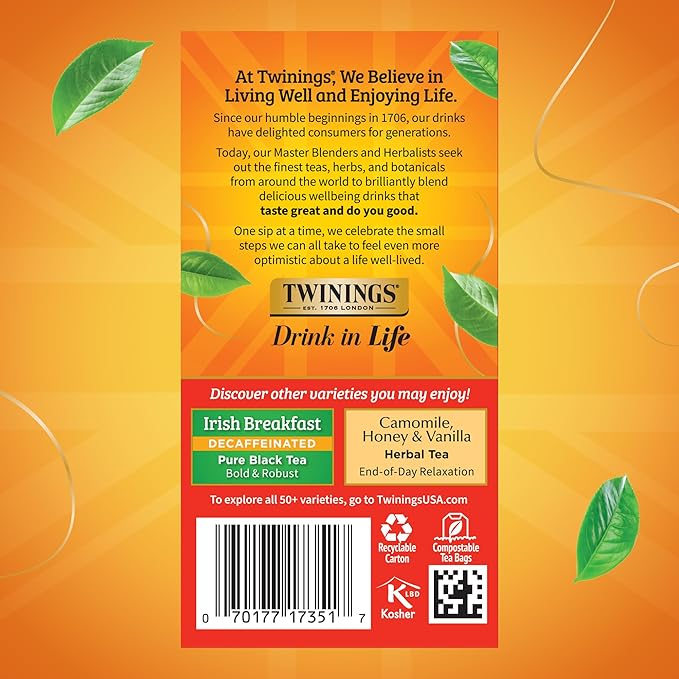 Twinings Decaffeinated English Breakfast Individually Wrapped Bags, 20 Count (Pack of 6), Flavourful & Robust, Enjoy Hot or Iced, 120 Teabags