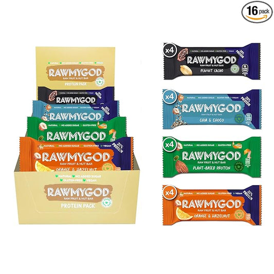 RAWMYGOD Fruit and Nut Bars, Gluten Free, Vegan, No Added Sugar (16 bars, Protein Pack - 4 Orange & Hazelnut, 4 Fruit & Nut, 4 Chia & Choco, 4 Peanut & Cacao)