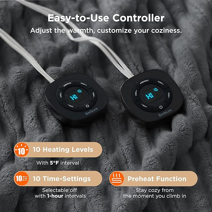 Bedsure Electric Blanket King Size - Thick Striped Flannel Electric Blanket with Dual Control, Heating with 10 Heat Settings & 10 Time Settings, 8 hrs Timer Auto Shut Off (90x100 inches, Grey)