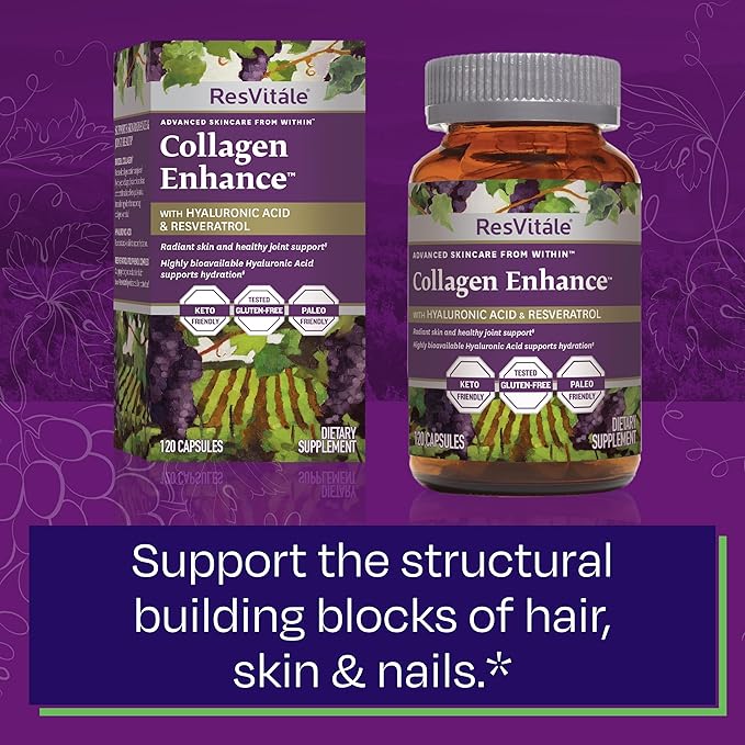 ResVitale Collagen Enhance - Beauty Supplement with Hyaluronic Acid & Resveratrol - 120 Capsules