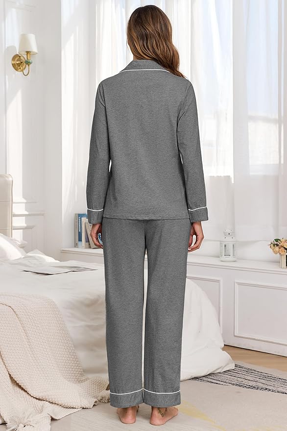 Veseacky 100% Cotton Pajamas for Women Set Long Sleeve Button Down Sleepwear Soft Pjs Lounge Sets with Pockets S-XXL