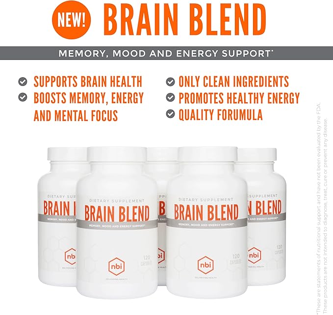 NBI Brain Blend for Memory, Focus, Concentration, Cognitive Function for Men & Women | Caffeine-Free with ALCAR, Alpha Lipoic Acid, Huperzine A, Turmeric | Nootropic | 120ct Capsules