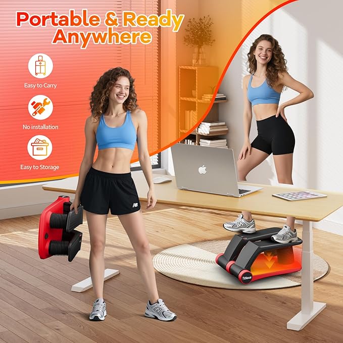 Air Compression Resistance Stepper – Adjustable Mini Stair Climber for Home Cardio Workout, Portable Stepper Machine with LCD Display, Non-Slip Pedals & Resistance Bands (Red and Black)