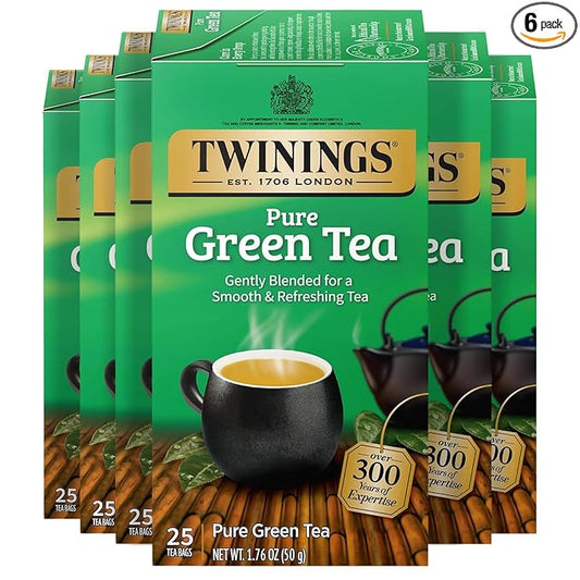 Twinings Pure Green Tea Individually Wrapped Bags, 25 Count (Pack of 6), Smooth Flavour, Enticing Aroma, Caffeinated, Enjoy Hot or Iced, 150 Teabags