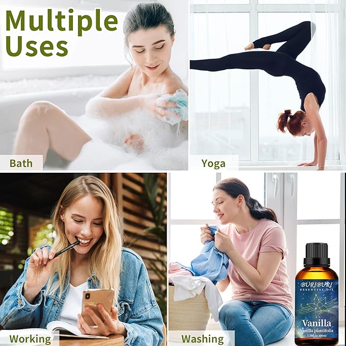 BURIBURI 100ML Vanilla Essential Oil, 100% Pure Undiluted Aromatherapy Vanilla Oil 3.38fl.oz for Soap, Candle Making, Massage, Diffuser, Humidifier