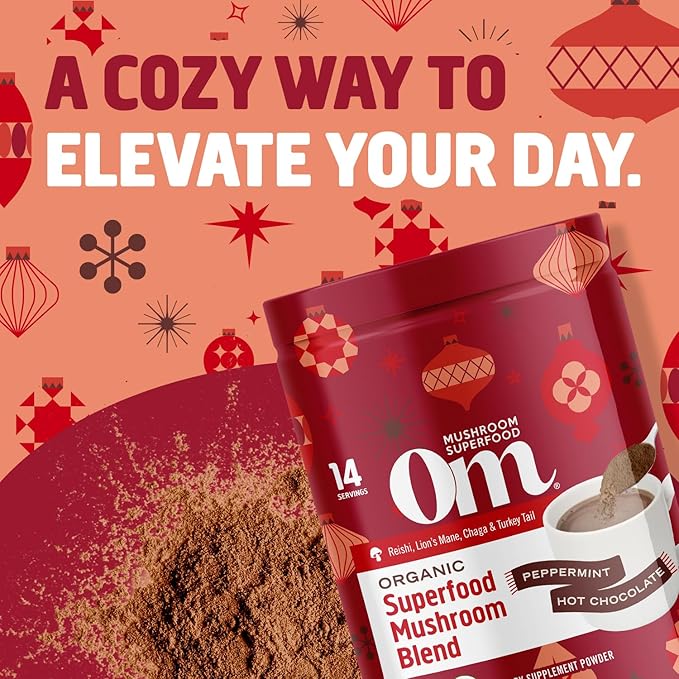 OM MUSHROOM SUPERFOOD Peppermint Hot Chocolate Superfood Mushroom Blend, 4.44 oz, 14 Servings, for Immune Health