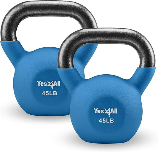Yes4All Kettlebell, 5-65 LB Neoprene Coated Cast Iron Kettlebells, Wide Grip Handle & Flat Bottom for Swings, Squats, Deadlifts, Push Ups & Full Body Training at Home Gym - Single & Set