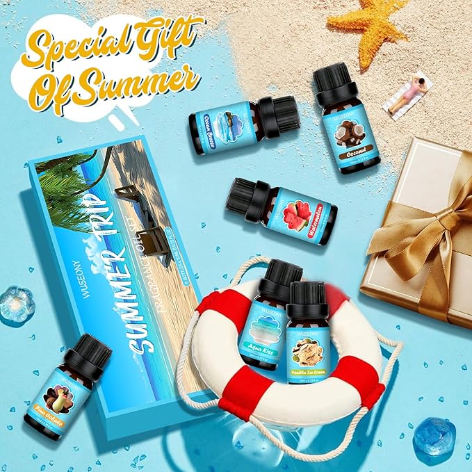 Summer Fragrance Oils Set, Premium Essential Oils for Diffuser, Natural Aromatherapy Oils for Soap Candle Making - Ocean Breeze, Coconut, Pina Colada, Watermelon, Vanilla Ice Cream, Aqua Kiss