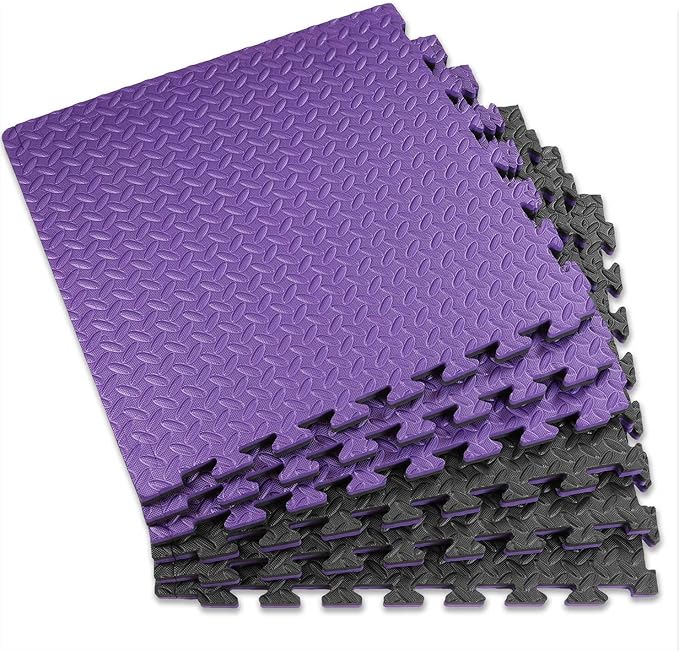 Xspec 1" Extra Thick 48 sq ft Reversible EVA Gym Foam Floor Mat Tiles (24" x 24"), Steel Pattern, 12 pcs, Black/Purple