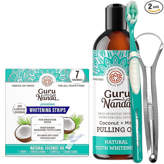 GuruNanda Coconut Oil Dental Care: Whitening Strips + Oil Pulling - Helps Brighten Teeth, Freshen Breath, Healthy Gums - 14 Strips + 8oz for Complete Oral Care