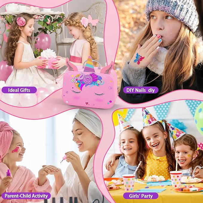 Kids Nail Polish Set for Girls, Nail Art Kit with Nail Dryer & DIY Nail Stickers, Nail Kit Toys for Girls with Non-Toxic Nail Polish, Age 3-12 Little Girl Gift Toys- Pink
