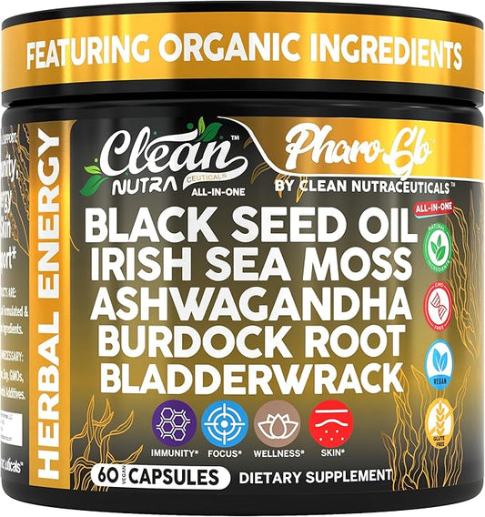 Clean Nutraceuticals Black Seed Oil Sea Moss Ashwagandha Burdock Root Bladderwrack Energy Vegan Capsules Seaweed Skin Detox Stress Relief Immune Support Focus Supplement Nigella Sativa 60 Count
