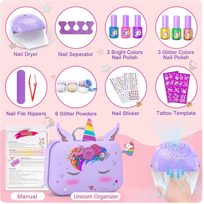 Kids Nail Polish Set for Girls, Nail Art Kit with Nail Dryer & DIY Nail Stickers, Nail Kit Toys for Girls with Non-Toxic Nail Polish,Age 3-12 Little Girl Gift Toys- Purple