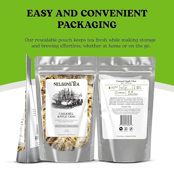 Nelson's Tea Caramel Apple Chai Tea Loose Leaf - Cut & Sifted Red Rooibos Loose Leaf Tea, Black Tea with Cinnamon Chips, Peppercorn, Ginger Root, Cardamom, Clove, Orange Peel and All Spice (4 oz)