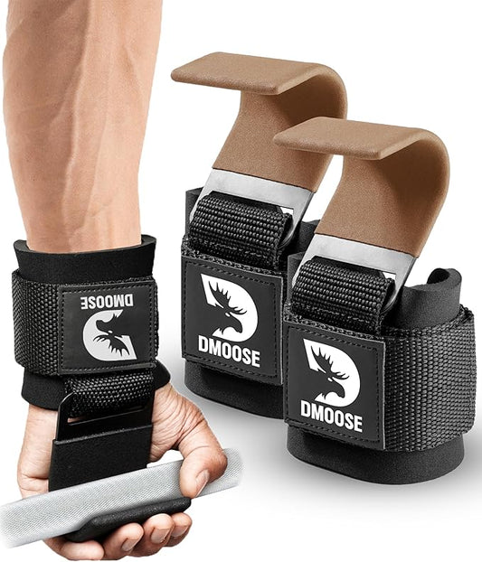 DMoose Fitness Weight Lifting Hooks (Pair) for Deadlifts, Pull Ups, Rows & Shrugs - Anti-Rip Nylon Strap Hand Grips with Thick Wrist Padding - Heavy Duty Wrist Straps for Weightlifting & Gym Workouts