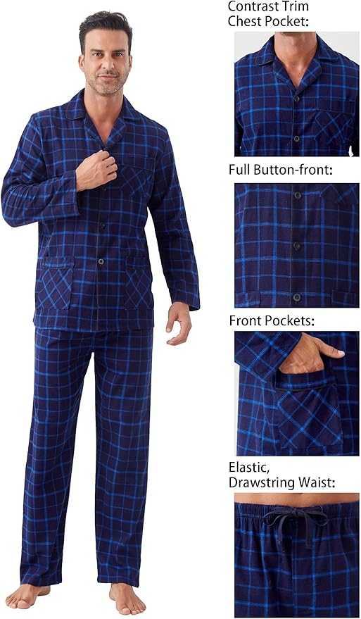 GLOBAL Men's Pajamas Sets 100% Cotton Flannel Sleepwear Long-Sleeve top & Bottom
