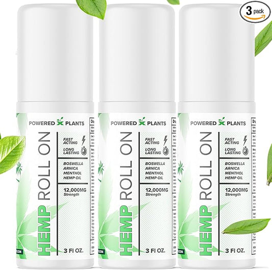 Hemp Oil Roll On - Menthol Rub with Boswellia & Arnica - 12,000mg Extra Strength Oil for Muscle Discomfort by Powered X Plants - Pack of 3, 3 fl.oz.