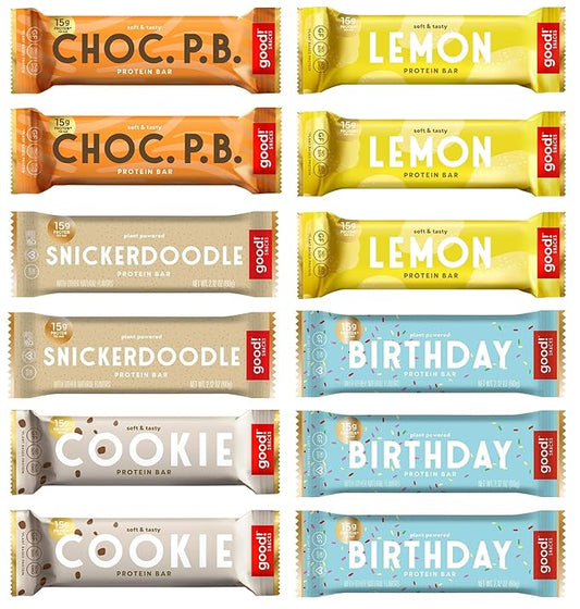 good! Snacks 5 Flavor Variety Pack, Vegan Protein Bars, Soy & Gluten Free, Plant Based, Low Sugar, 15g Clean Protein, Healthy Superfood Snack, 12 Bars
