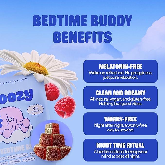 Snoozy Bedtime Buddy, Reishi Mushroom Sleep Gummies | Chamomile, Valerian Root, Lemon Balm Extract | Natural Sleep Aid, Melatonin Free | Raspberry Flavored, 60 Gummies, 1 Pack