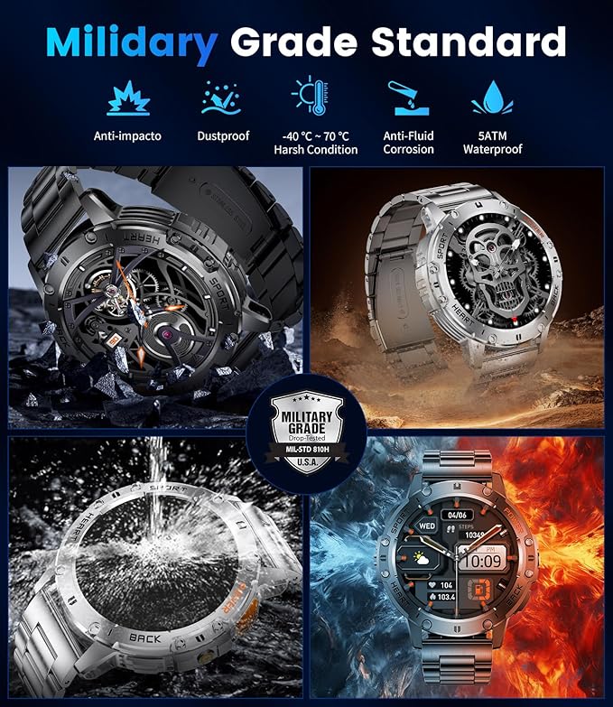 LIGE 1.43" AMOLED Smart Watch for Men with Flashlight, Bluetooth Calling, 100+ Sport Modes, 530mAh, IP68 Waterproof Fitness Tracker for Workout, iOS Android Compatible, Black Steel Camouflage Silicone
