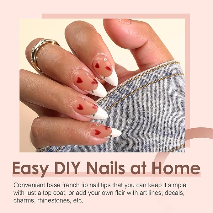 Canvalite French Tip Press on Nails Gel Nail Tips - 300Pcs Pre-Colored Quick and Easy Press on Nails Almond Fake Nails with Designs DIY Nail Extensions, Nude White