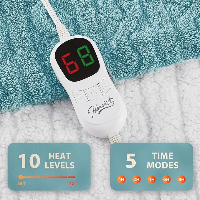 Homemate Electric Heated Blanket Twin - 62"x84" Heating Bed Blankets Throw with 10 Heating Levels 8 Hours Auto Off Fast Heating Over-Heated Protection Ultra Soft Warm Flannel ETL Certified