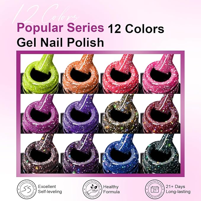 MEET ACROSS Reflective Glitter Gel Nail Polish Set for Christmas Nails 12 Colors Including Pink Red Purple Holographic Gel Polish Kit UV LED Soak Off Nail Polish Home DIY Manicure Nail Salon Varnish