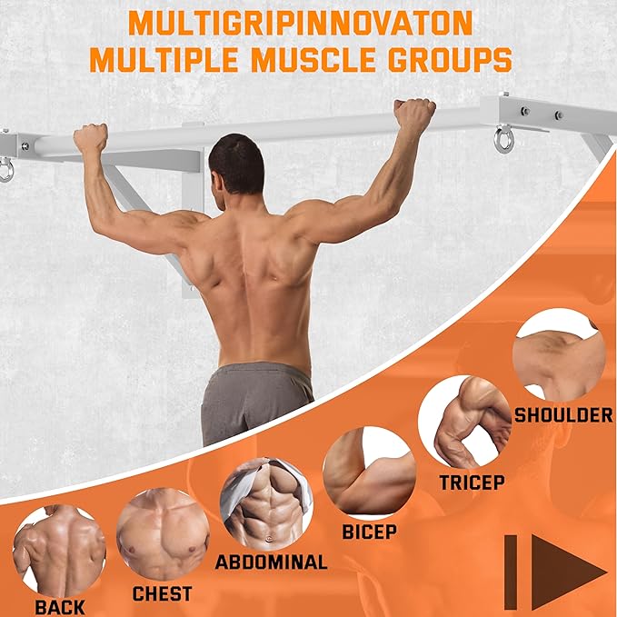 Pull Up Bar Wall Mounted, Heavy Duty 650 lbs Capacity Chin Up Bar, 48" Multi-Grip Strength Training Pull-up Bars, for Home Gym Garage/Backyard Total Body Workout, Ease Of Use Mounting (White)