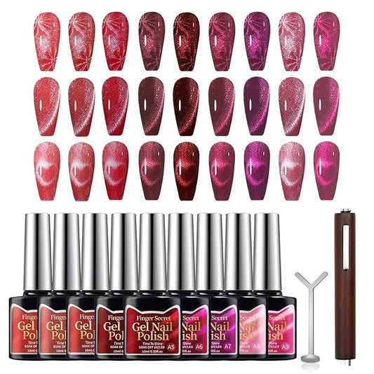 10ml Gel Cat Eye Nail Polish Kit - 9Pcs Cat Eye Magnetic Nail Polish With Magnetic Iron Rod Double Ended Nail Tool, Long-Lasting and Non-Fading Creating Fashionable Manicures