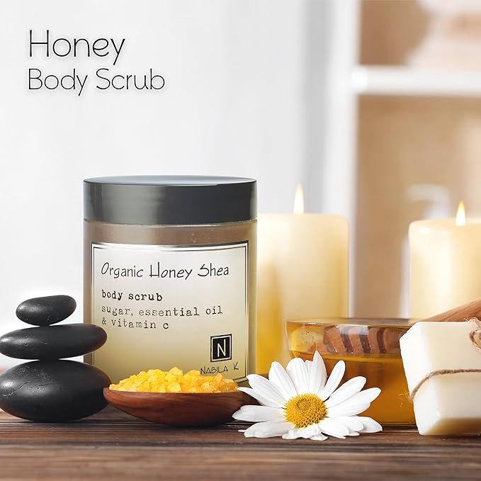 Organic Honey Shea Body Scrub Made in USA with Essential Oil and Vitamin C by Nabila K - Exfoliate and Moisturize for Smooth Skin - Luxury for Women & Men, 3 oz