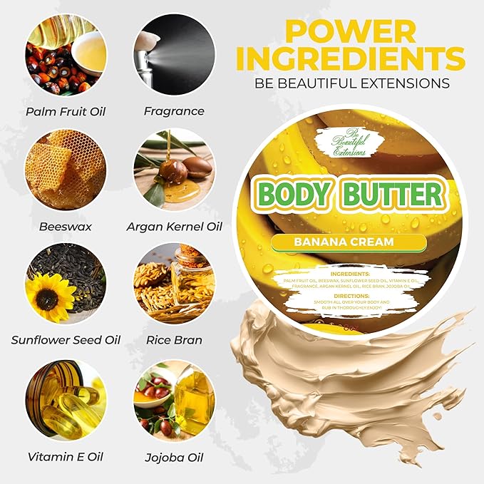 body butter banana cream scent long -lasting fragrance,hydrate skin jojoba oil and more 8oz