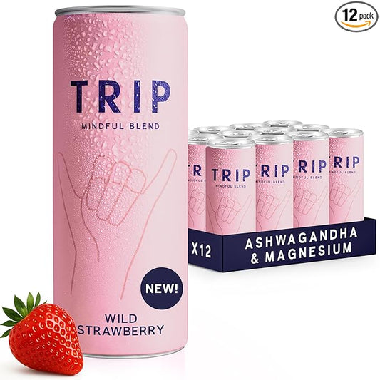 Trip Drink Mindful Blend, Lightly Sparkling Adaptogen Seltzer, Adaptogen Drink 120 MG Magnesium Citrate with Ashwagandha, Lions Mane & L Theanine, No Added Sugar, Low Calorie, Vegan, Wild Strawberry, 12 Oz, 12Pk
