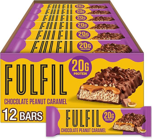 FULFIL Protein Bars, Chocolate Peanut Caramel Flavored, Gluten Free with 20g Protein, Pantry Staples, 12 Count