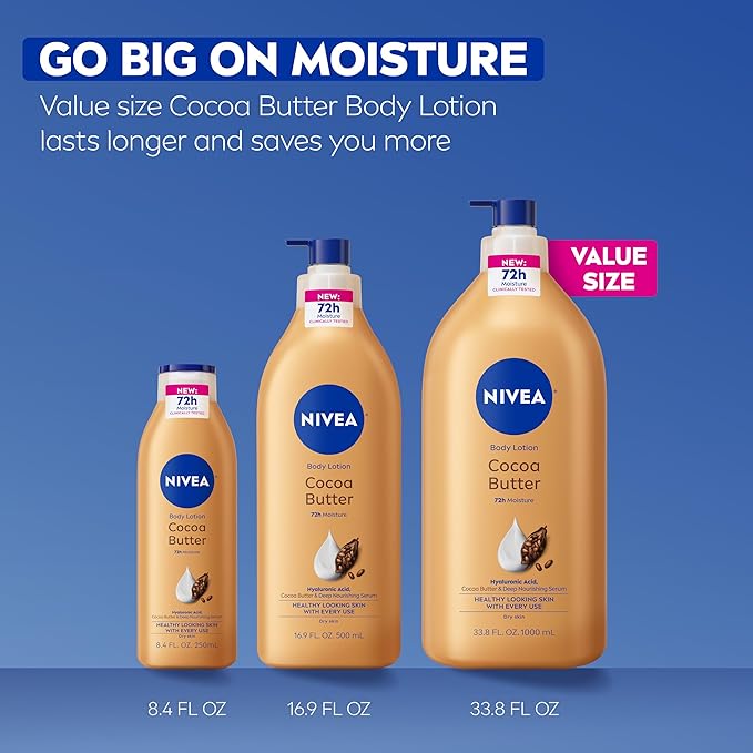 NIVEA Cocoa Butter Body Lotion for Dry Skin with Hyaluronic Acid, Cocoa Butter and Deep Nourishing Serum, 72-Hour Body Moisturizer, 33.8 Fl Oz Pump Bottle